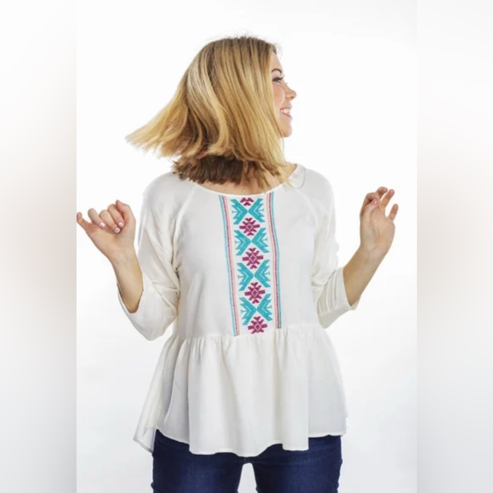 Roxy Embroidered Landslide Peplum Peasant Blouse Size Medium